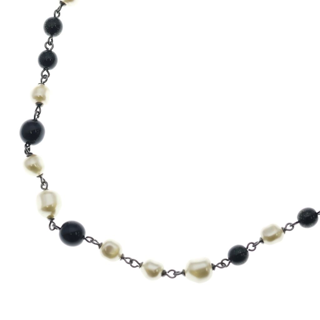 Chanel CC Logo Faux Pearl Long Necklace Black White