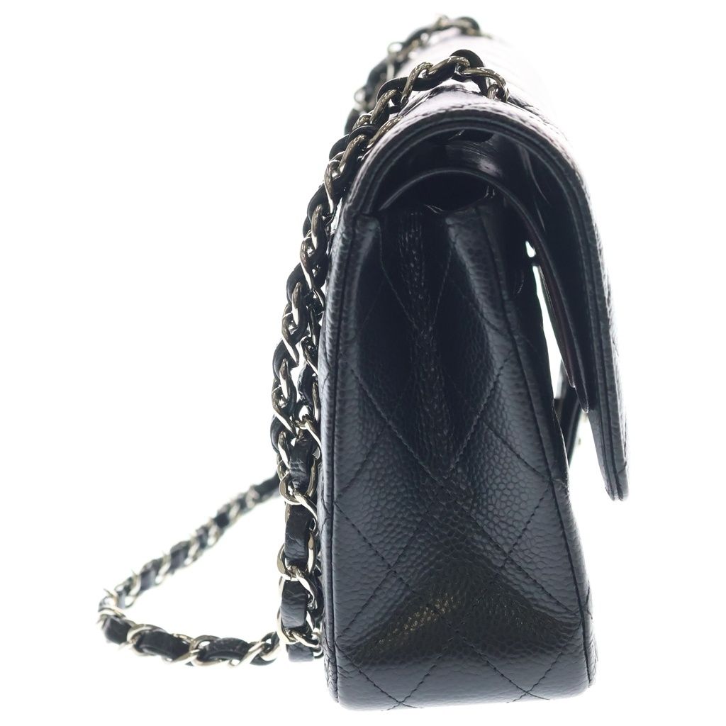 Chanel Quilted 25 Double Flap Chain Shoulder Bag Caviar Leather Silver Black — view 3