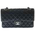 Chanel Quilted 25 Double Flap Chain Shoulder Bag Caviar Leather Silver Black