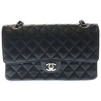 Chanel Quilted 25 Double Flap Chain Shoulder Bag Caviar Leather Silver Black