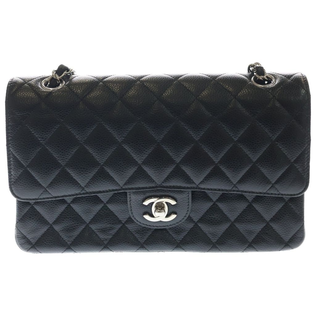 Chanel Quilted 25 Double Flap Chain Shoulder Bag Caviar Leather Silver Black