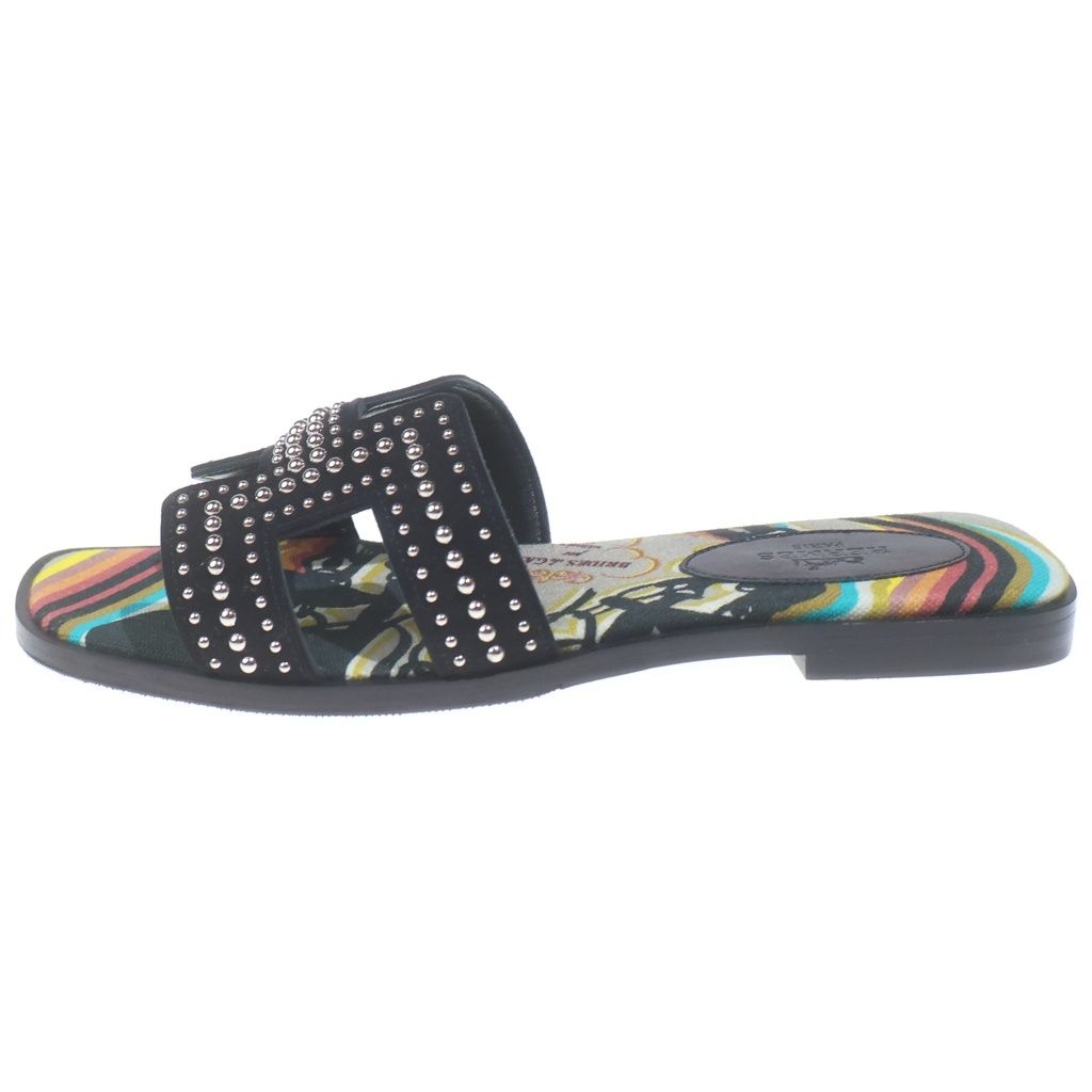 Hermes Oran Studded Motif Leather Sandals Black