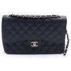 Chanel Deca Quilted 30 Double Flap Chain Shoulder Bag Black Caviar Leather