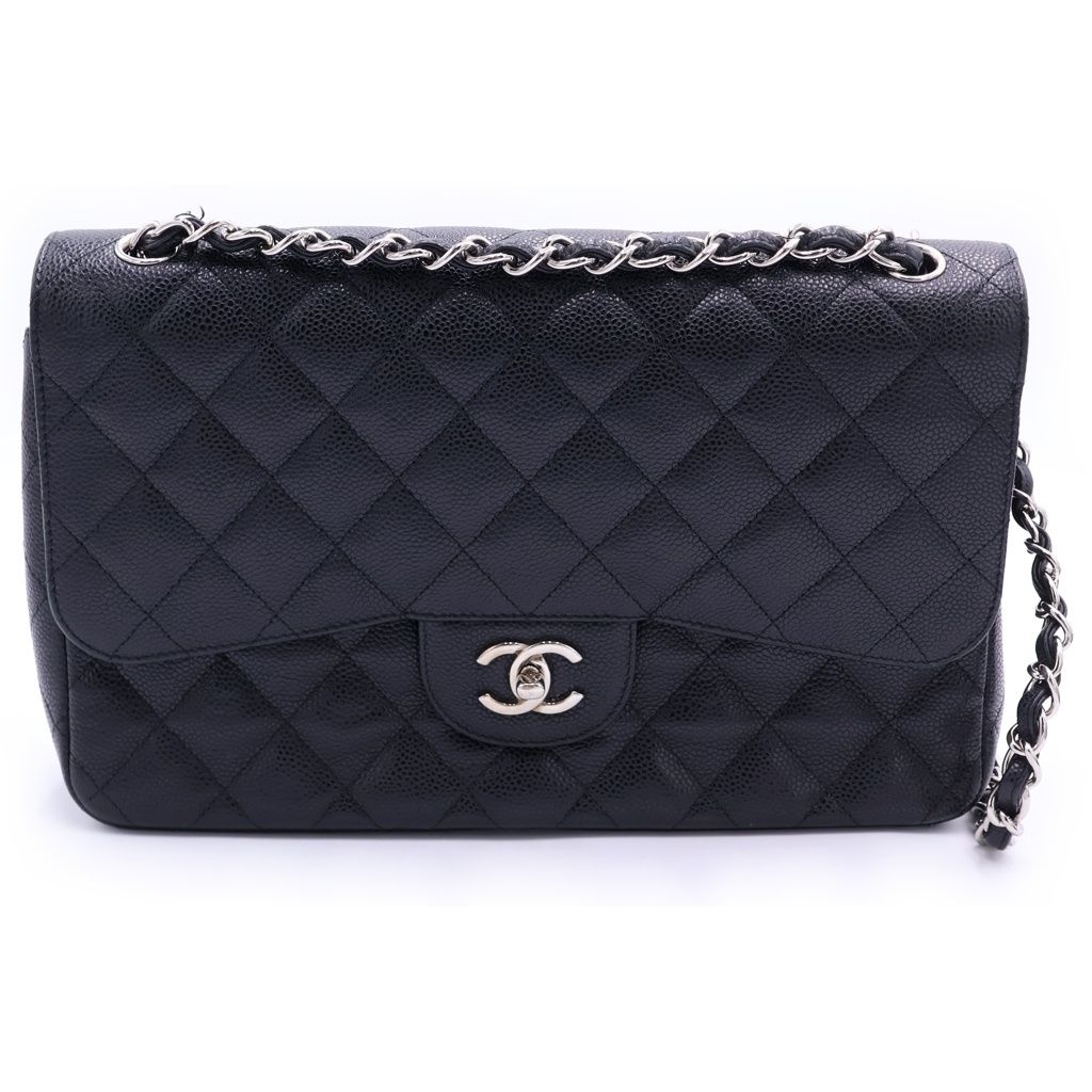 Chanel Deca Quilted 30 Double Flap Chain Shoulder Bag Black Caviar Leather