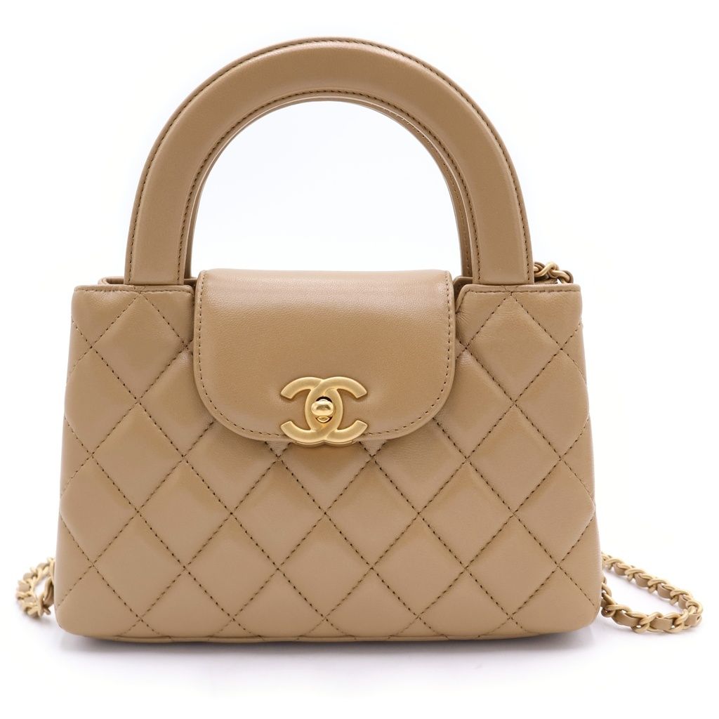 Chanel Quilted Mini Shopping Lambskin Gold Chain Shoulder Bag Plate Beige