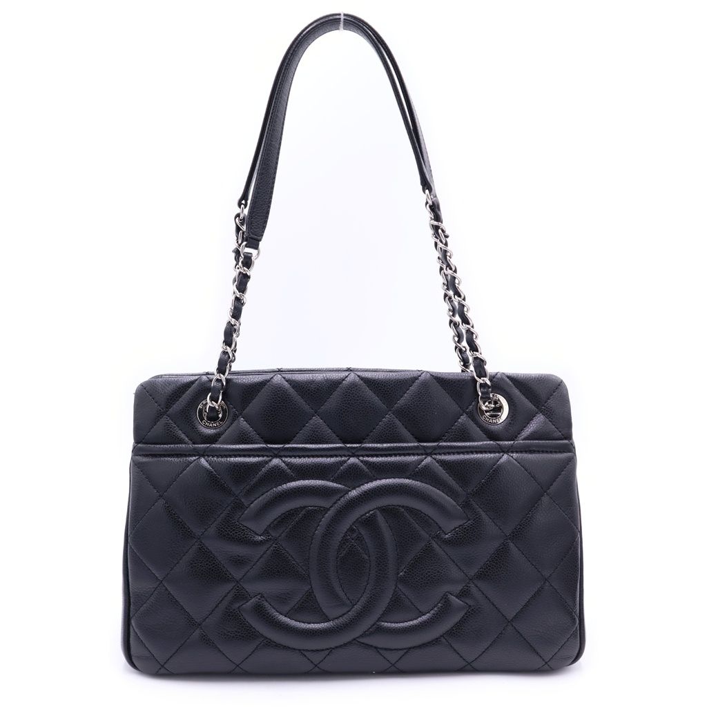 Chanel Quilted Chain Tote Caviar Leather Silver Black Seal