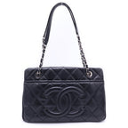 Chanel Quilted Chain Tote Caviar Leather Silver Black Seal