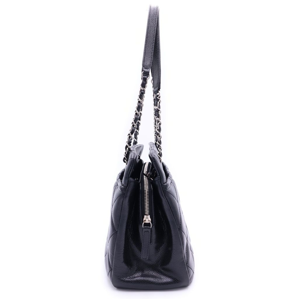 Chanel Quilted Chain Tote Caviar Leather Silver Black Seal — view 3