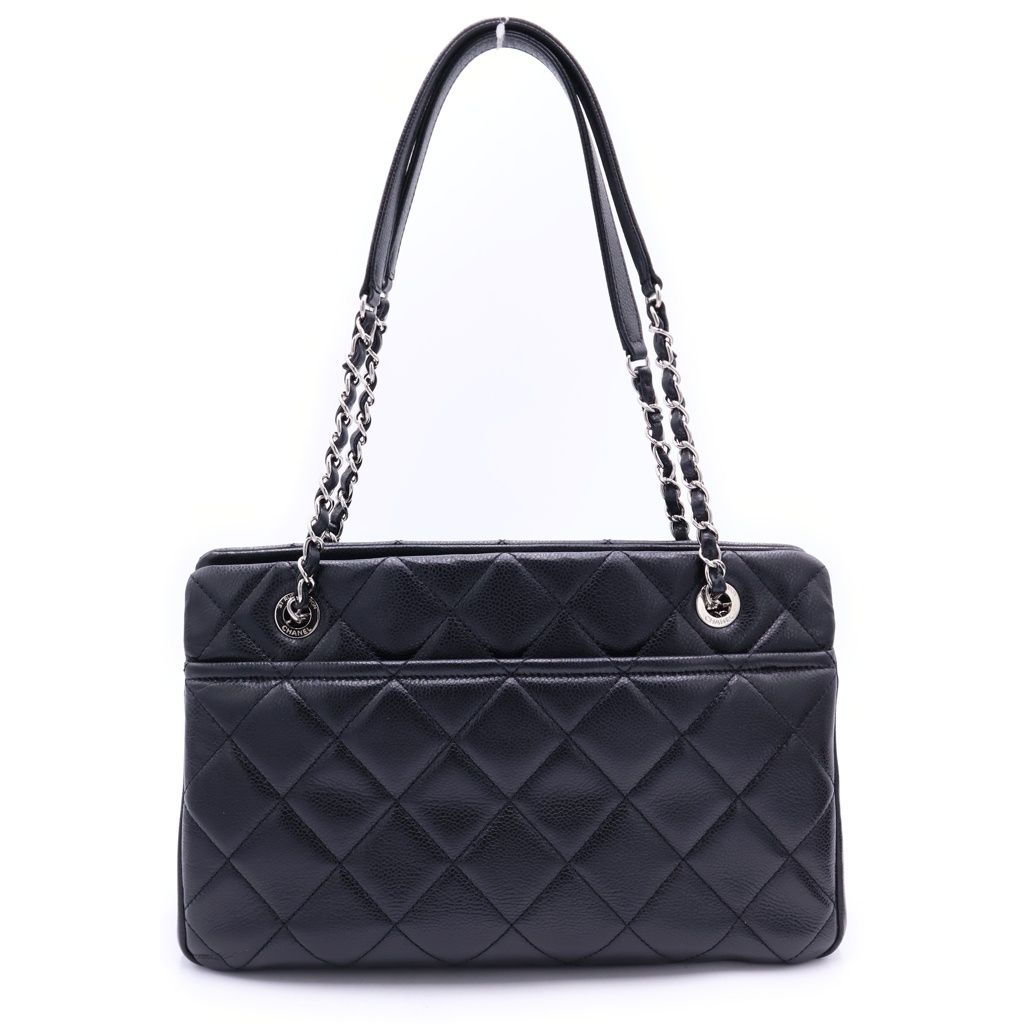 Chanel Quilted Chain Tote Caviar Leather Silver Black Seal — view 2