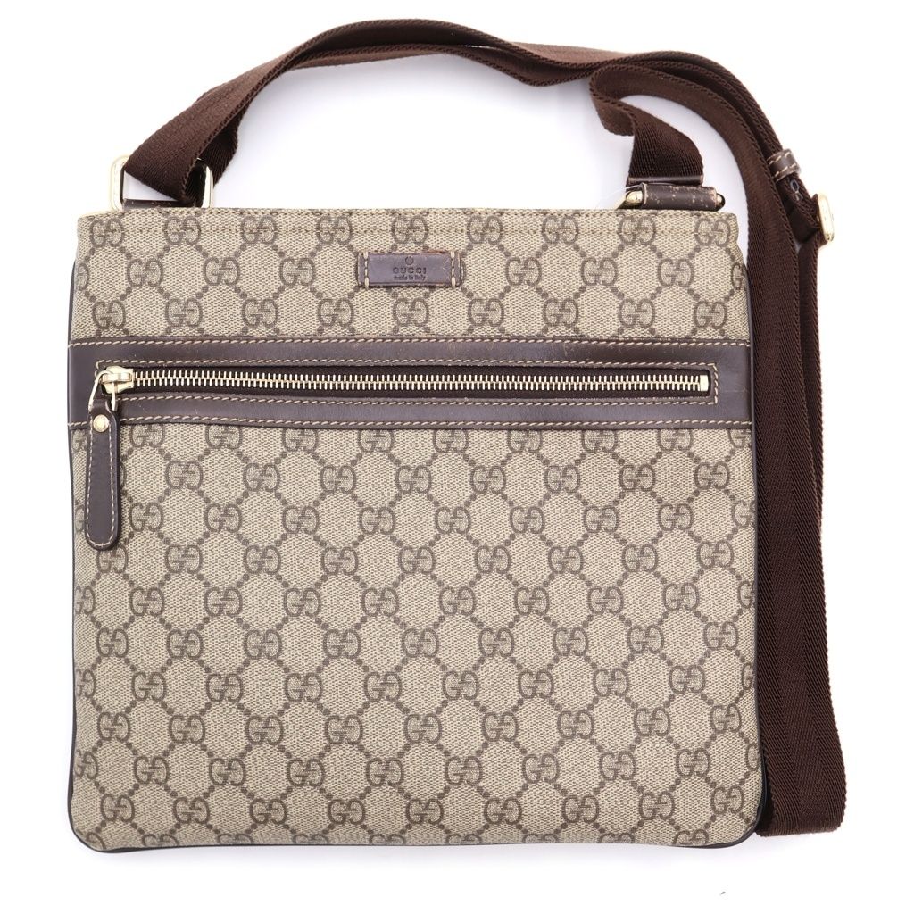 Gucci GG Supreme Shoulder Bag Beige Brown Leather Gold