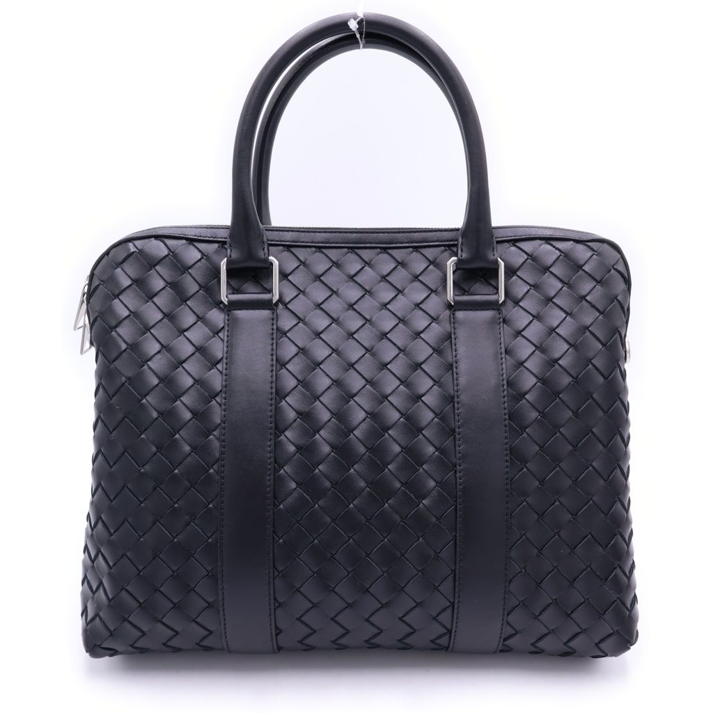 Bottega Veneta Intrecciato Briefcase Business Shoulder Bag Black Leather Silver