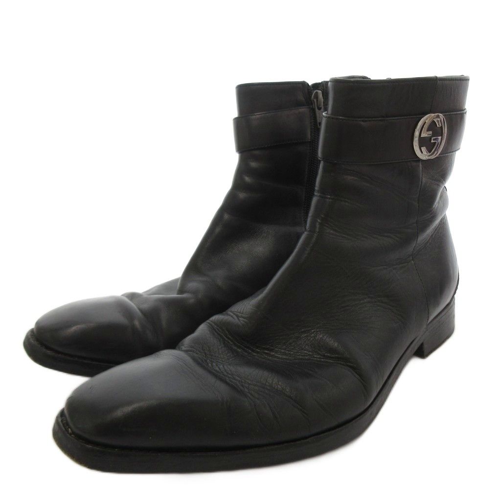 Gucci Short Boots GG Side Zip Leather 41.5 Black