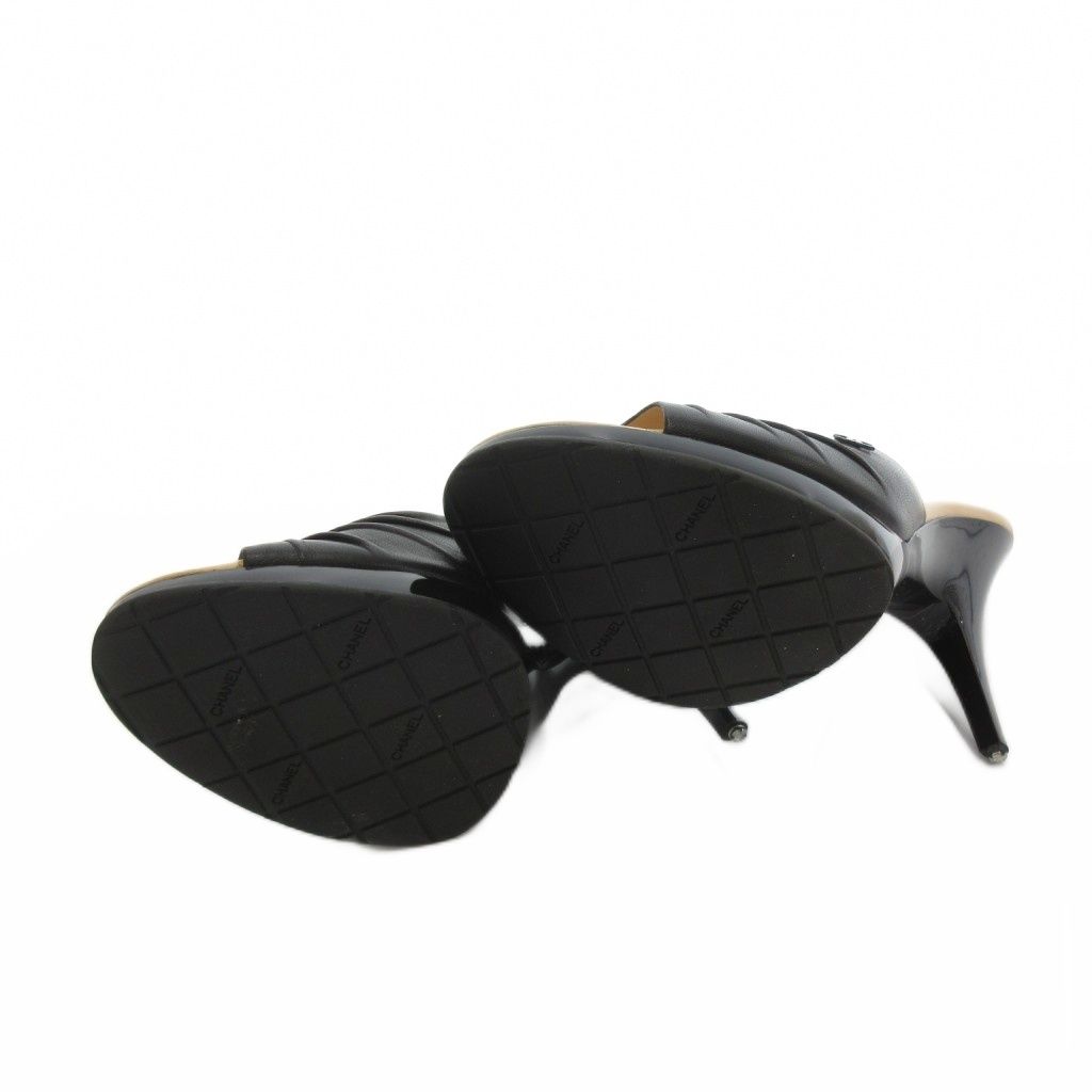 Chanel Sandals Pin Heels Leather CC Logo 7 Black Beige — view 6
