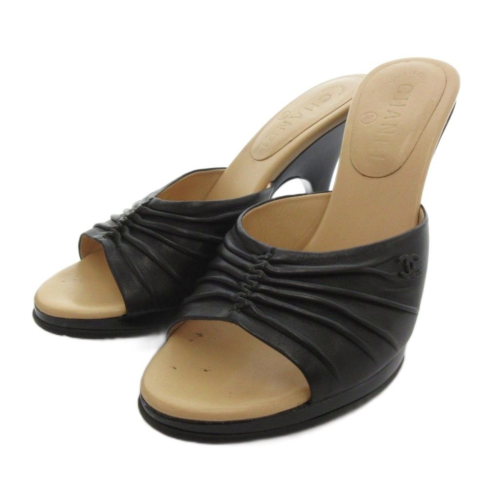 Chanel Sandals Pin Heels Leather CC Logo 7 Black Beige