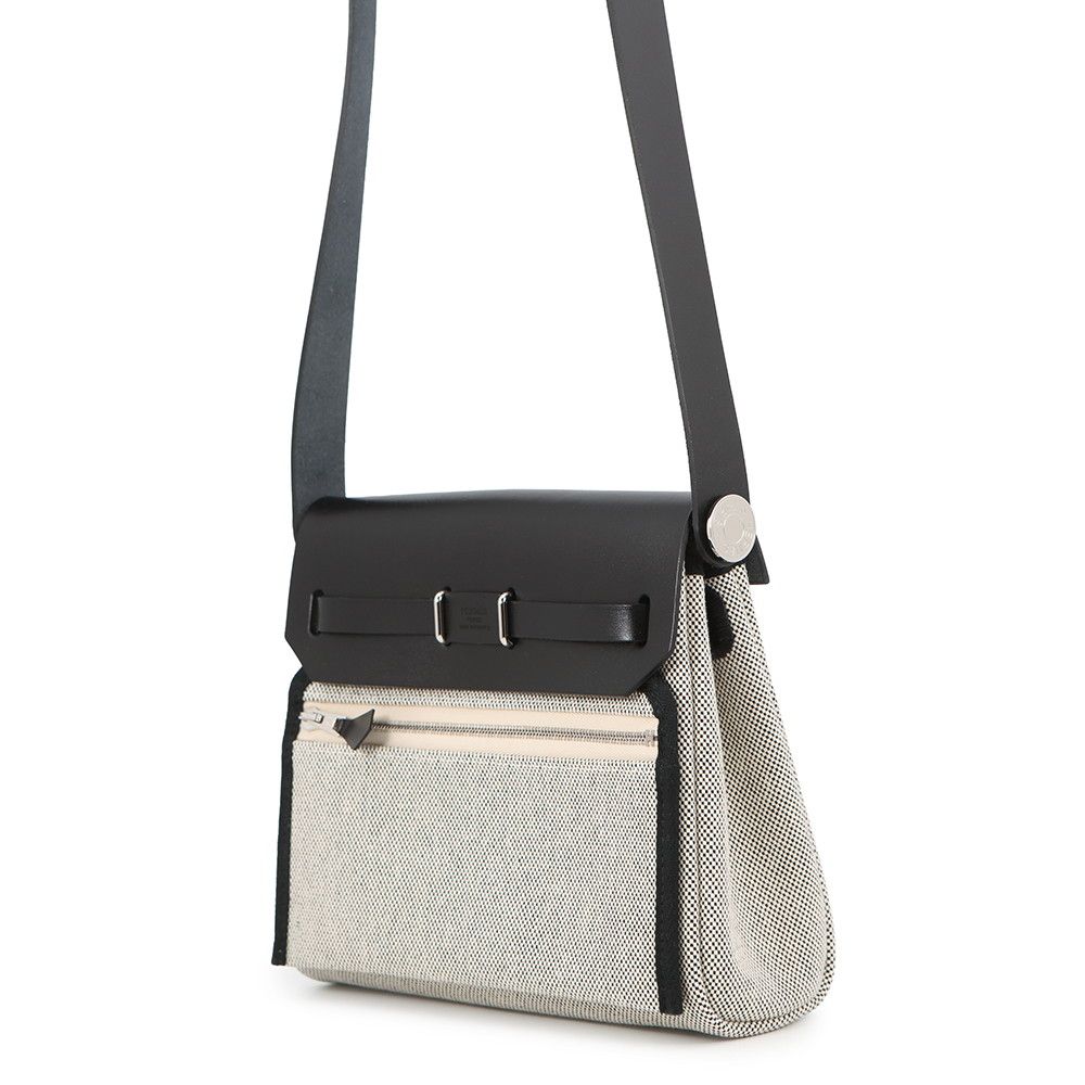 Hermes Shoulder Bag Herbag Zip Mini Black Ecru Silver Toile Ash Vache Hunter — view 3
