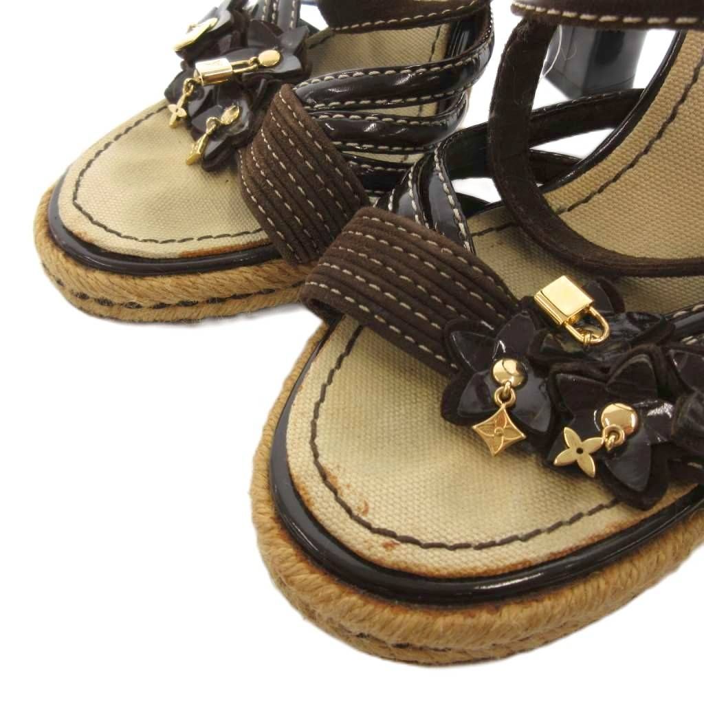 Louis Vuitton Sandals Espadrilles Charm LV Logo Strap Chunky Heels 38 Brown — view 3