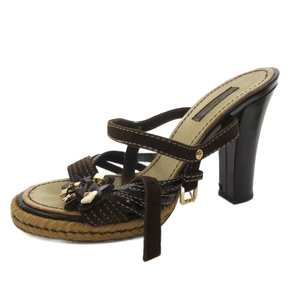 Louis Vuitton Sandals Espadrilles Charm LV Logo Strap Chunky Heels 38 Brown — view 2