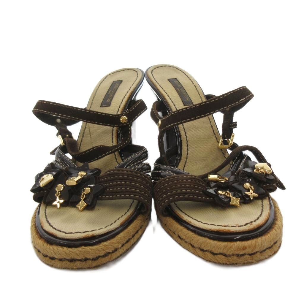 Louis Vuitton Sandals Espadrilles Charm LV Logo Strap Chunky Heels 38 Brown — view 4