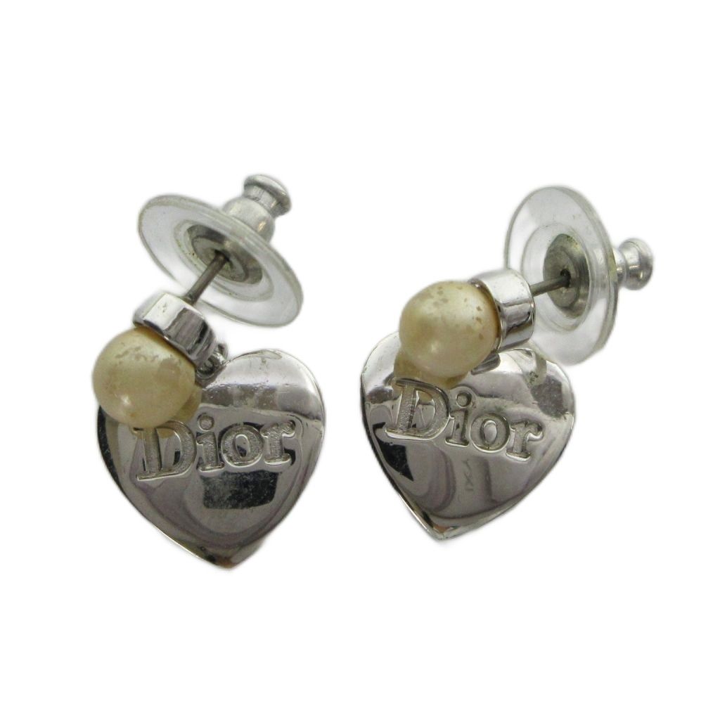 Dior Earrings Logo Heart Faux Pearl Silver
