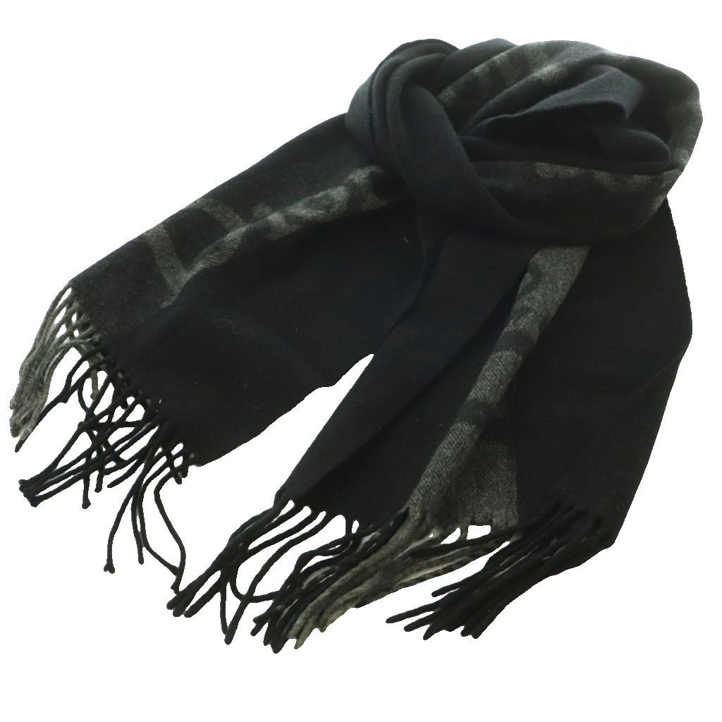Dior Scottish Scarf Shawl Fringe Logo Wool Cashmere Blend Black Gray SS