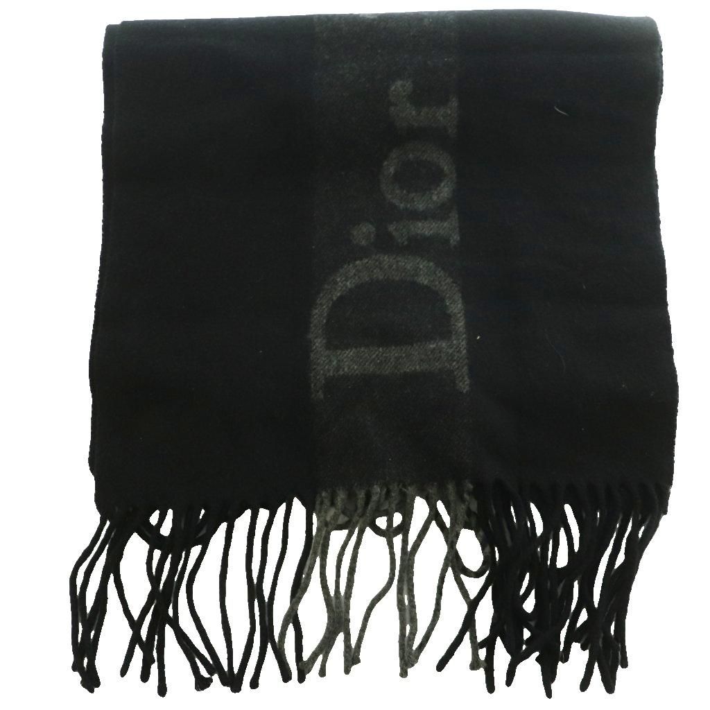 Dior Scottish Scarf Shawl Fringe Logo Wool Cashmere Blend Black Gray SS — view 2