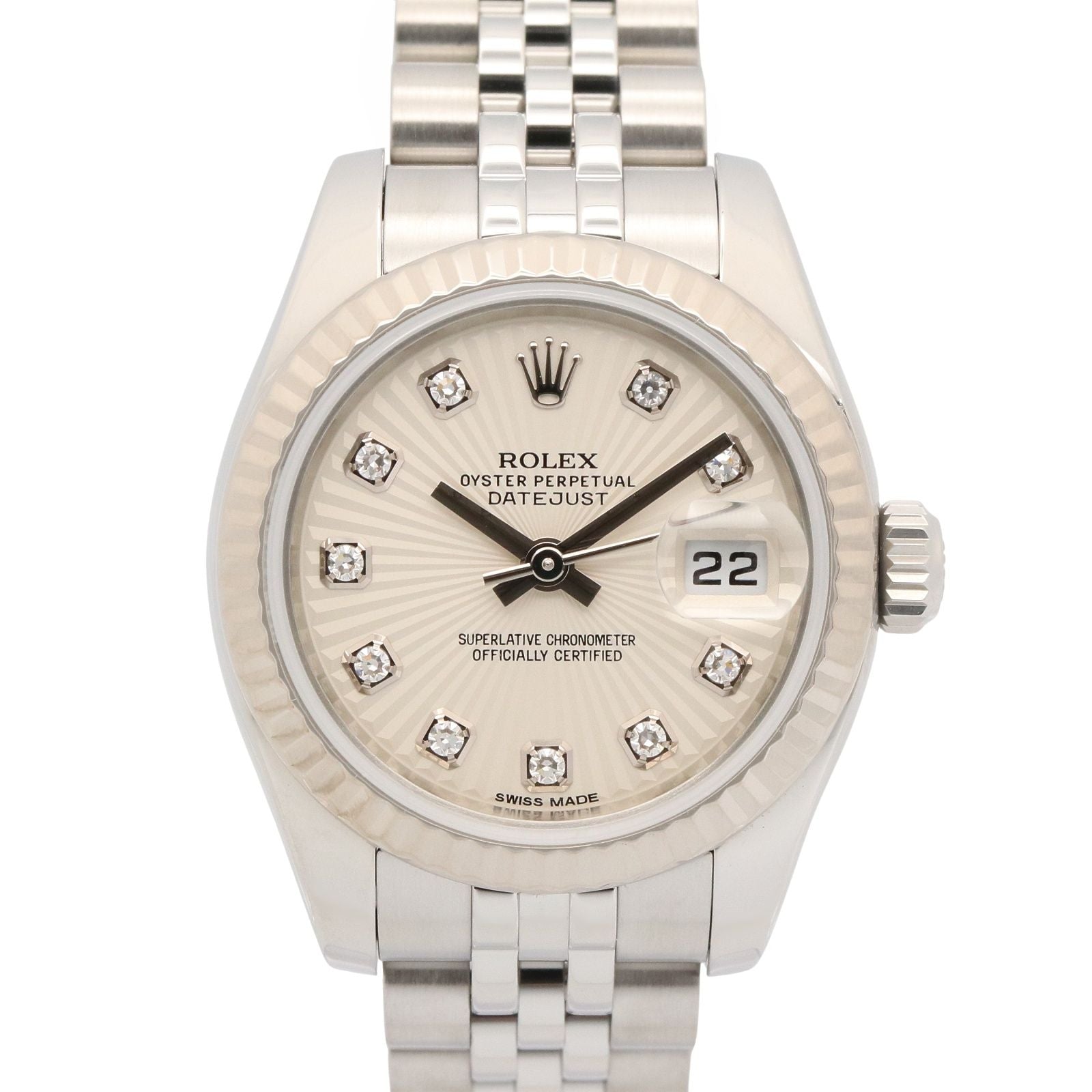 Rolex Watch Datejust Diamond Sil Sun NP 18k White Gold Stainless Steel