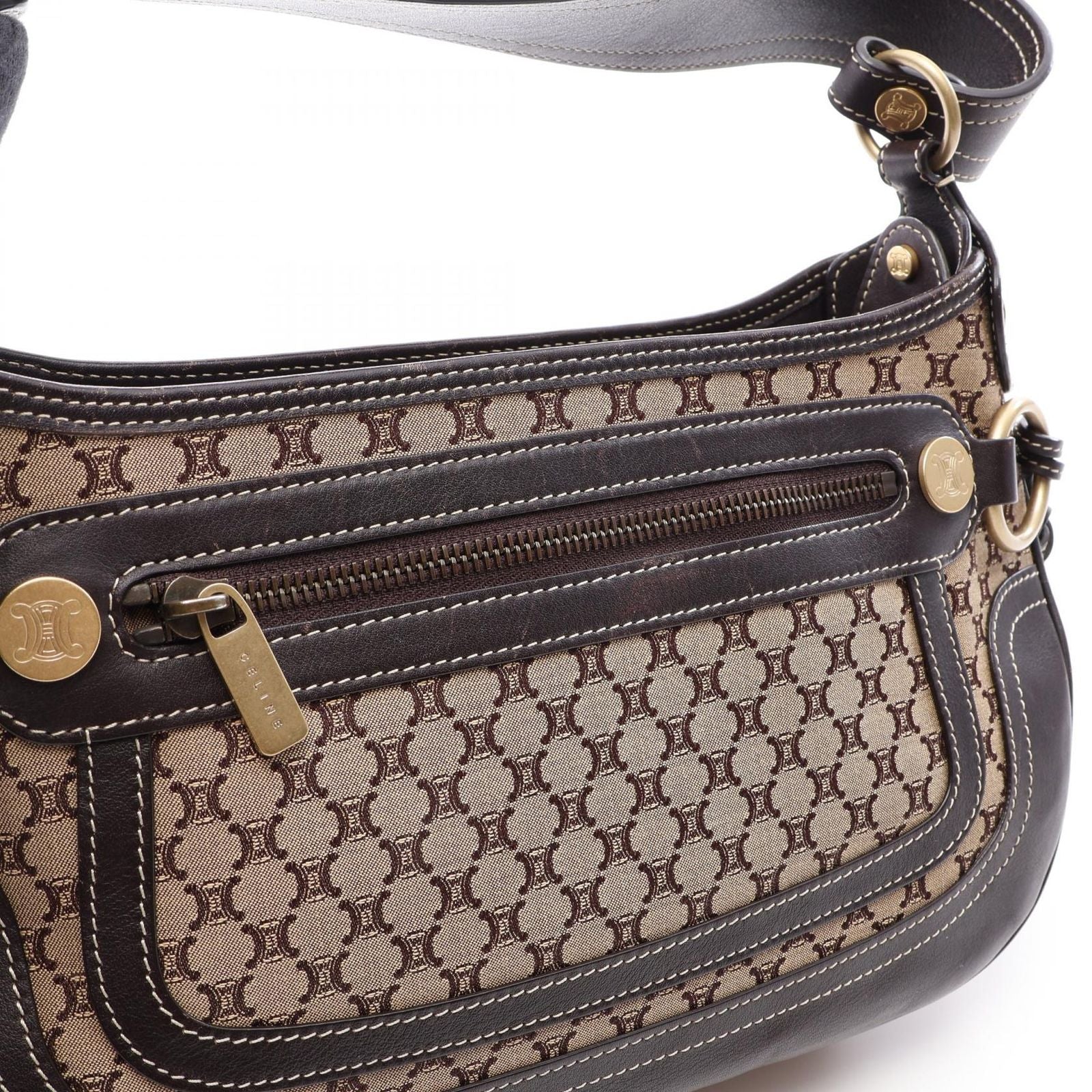 Celine Shoulder Bag Macadam Beige Brown Canvas Leather — view 9