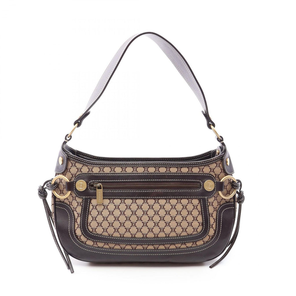 Celine Shoulder Bag Macadam Beige Brown Canvas Leather