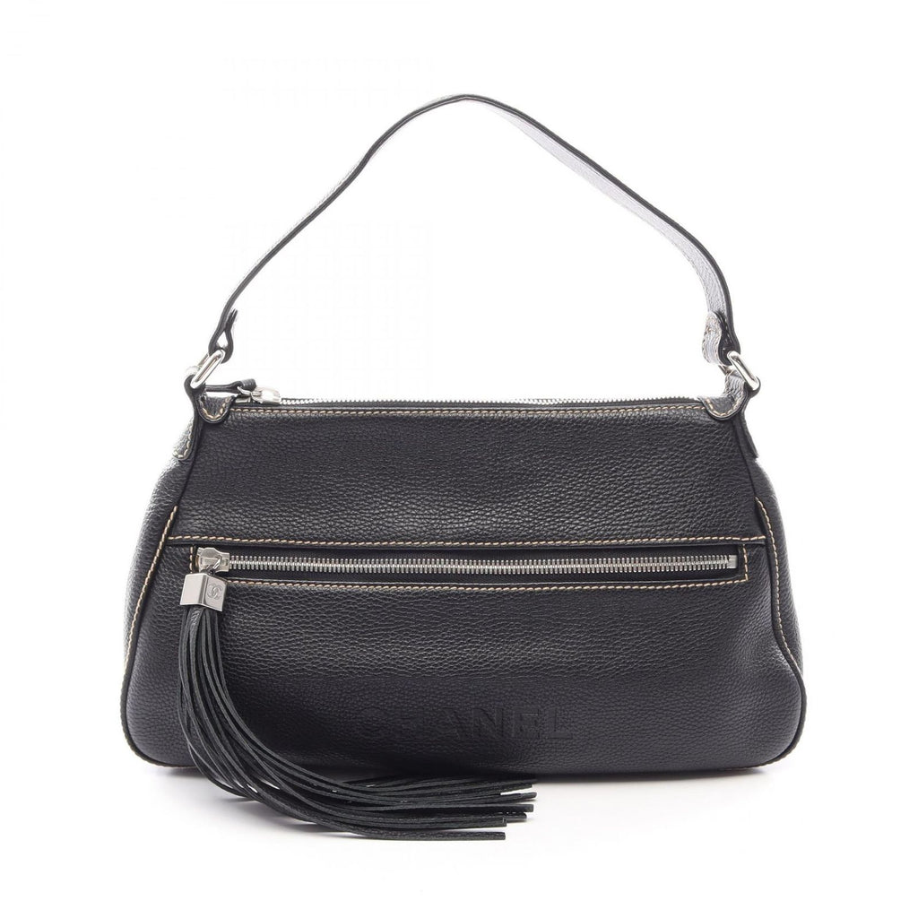 Chanel Shoulder Bag Logo Fringe Black Leather