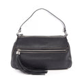 Chanel Shoulder Bag Logo Fringe Black Leather