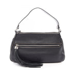 Chanel Shoulder Bag Logo Fringe Black Leather