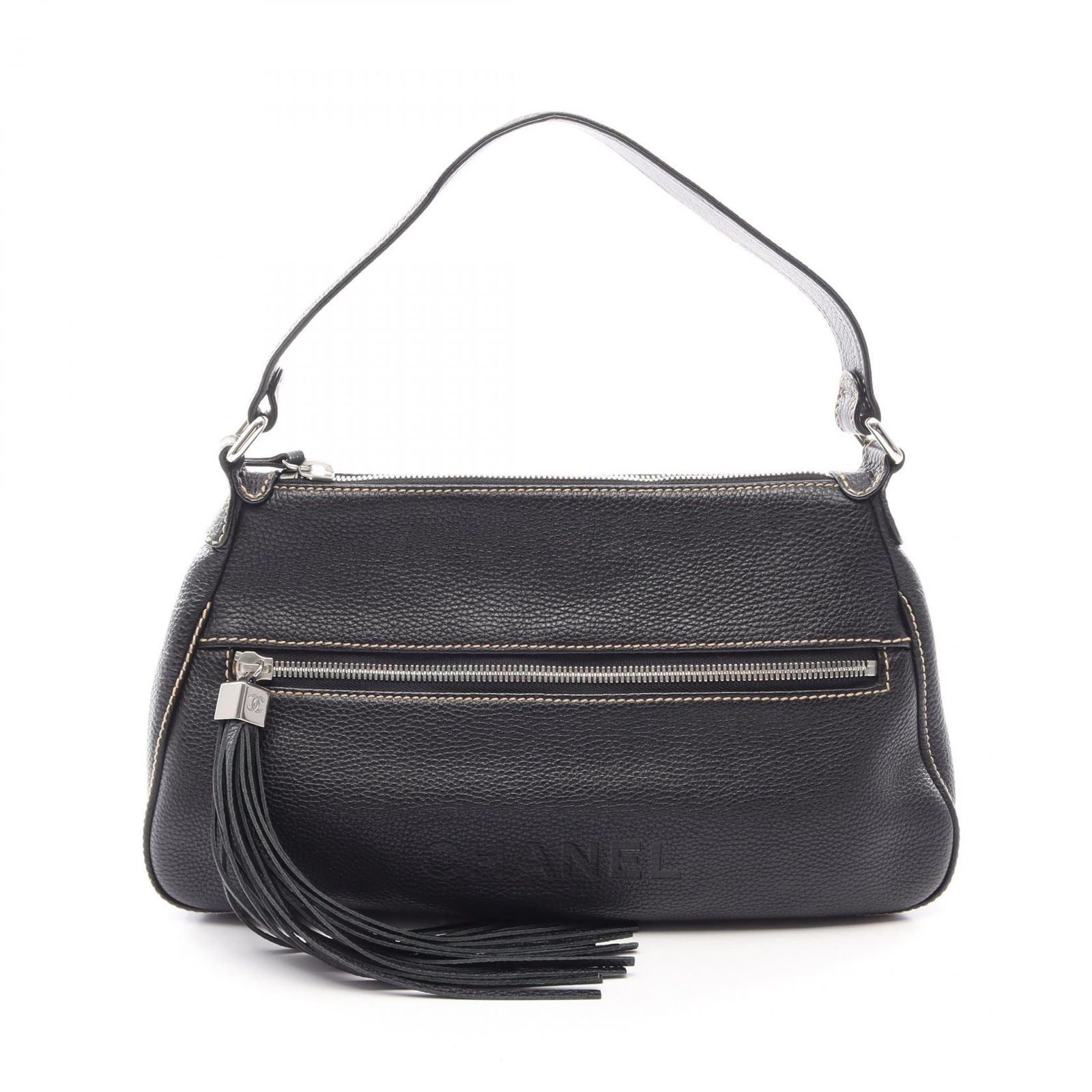 Chanel Shoulder Bag Logo Fringe Black Leather