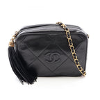 Chanel Shoulder Bag CC Logo Diamond Stitch Fringe Black Lambskin CC Mini Chain