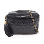 Chanel Shoulder Bag Quilted Fringe Black Lambskin Chain