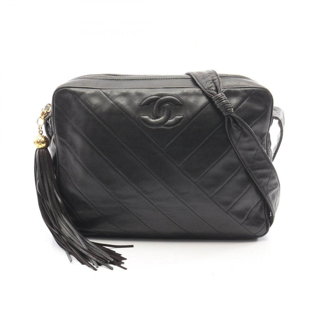 Chanel Shoulder Bag CC Logo Bias Stitch Tassel Black Lambskin Fringe
