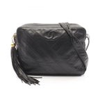 Chanel Shoulder Bag CC Logo Bias Stitch Tassel Black Lambskin Fringe