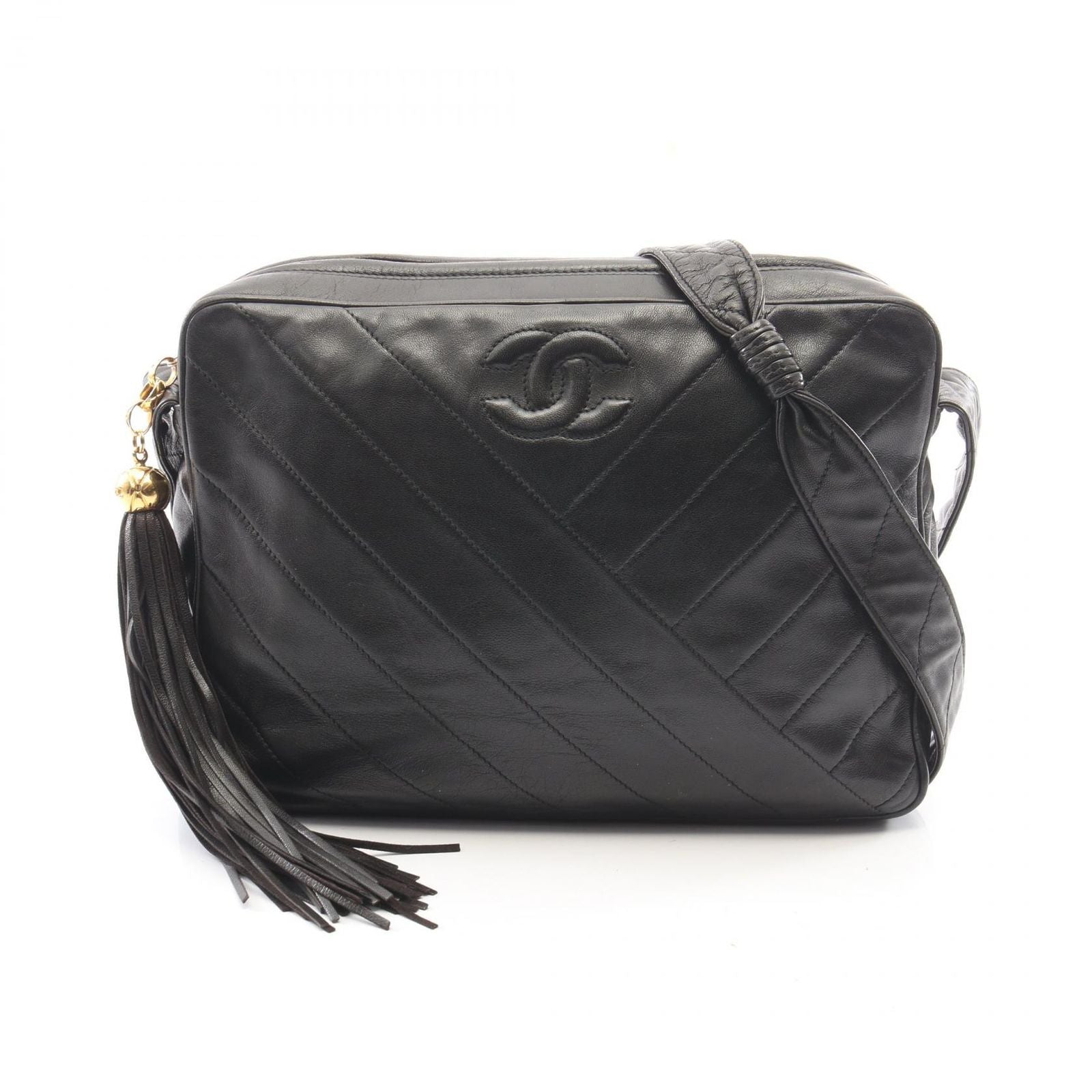Chanel Shoulder Bag CC Logo Bias Stitch Tassel Black Lambskin Fringe