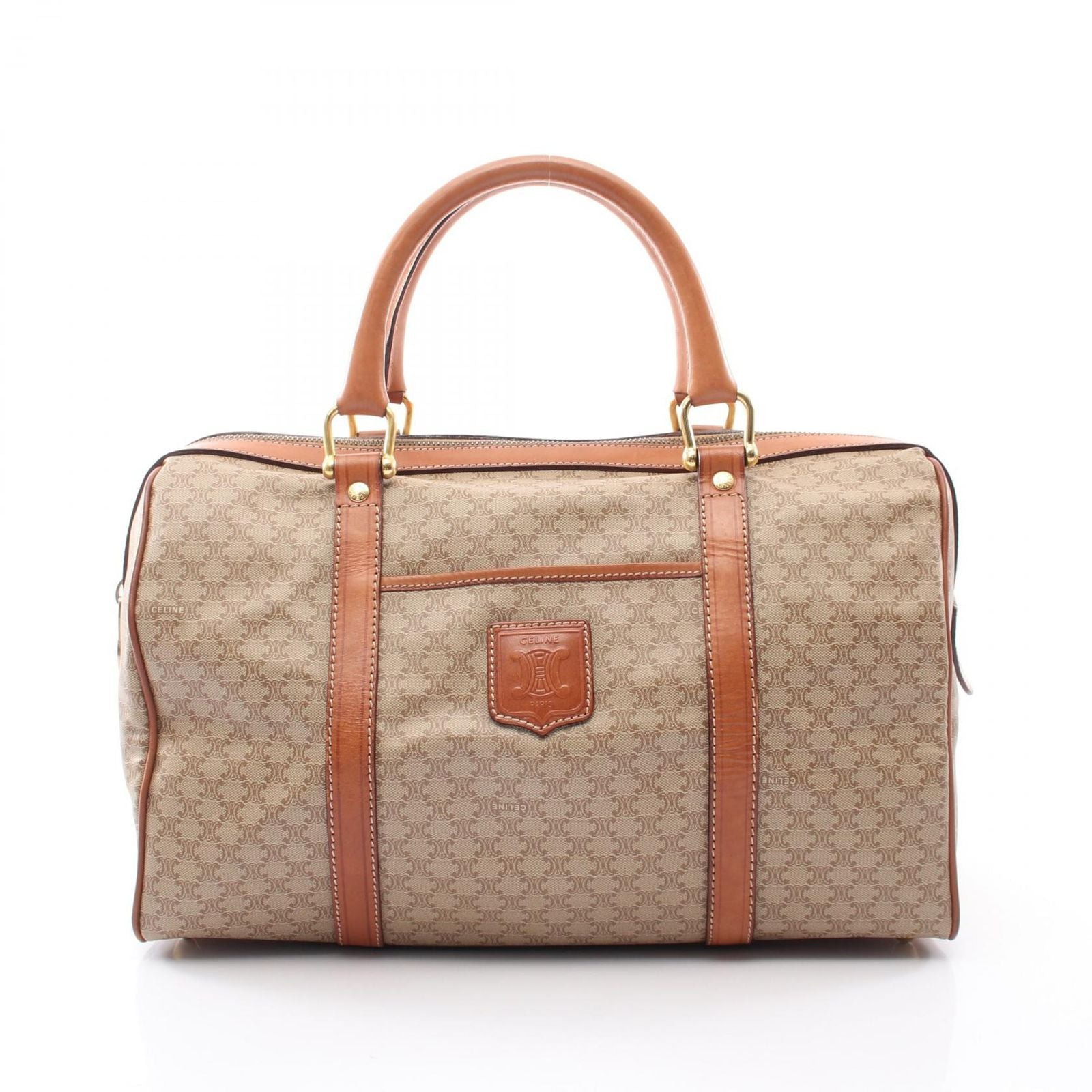 Celine Boston Bag Macadam Beige Brown Canvas Leather