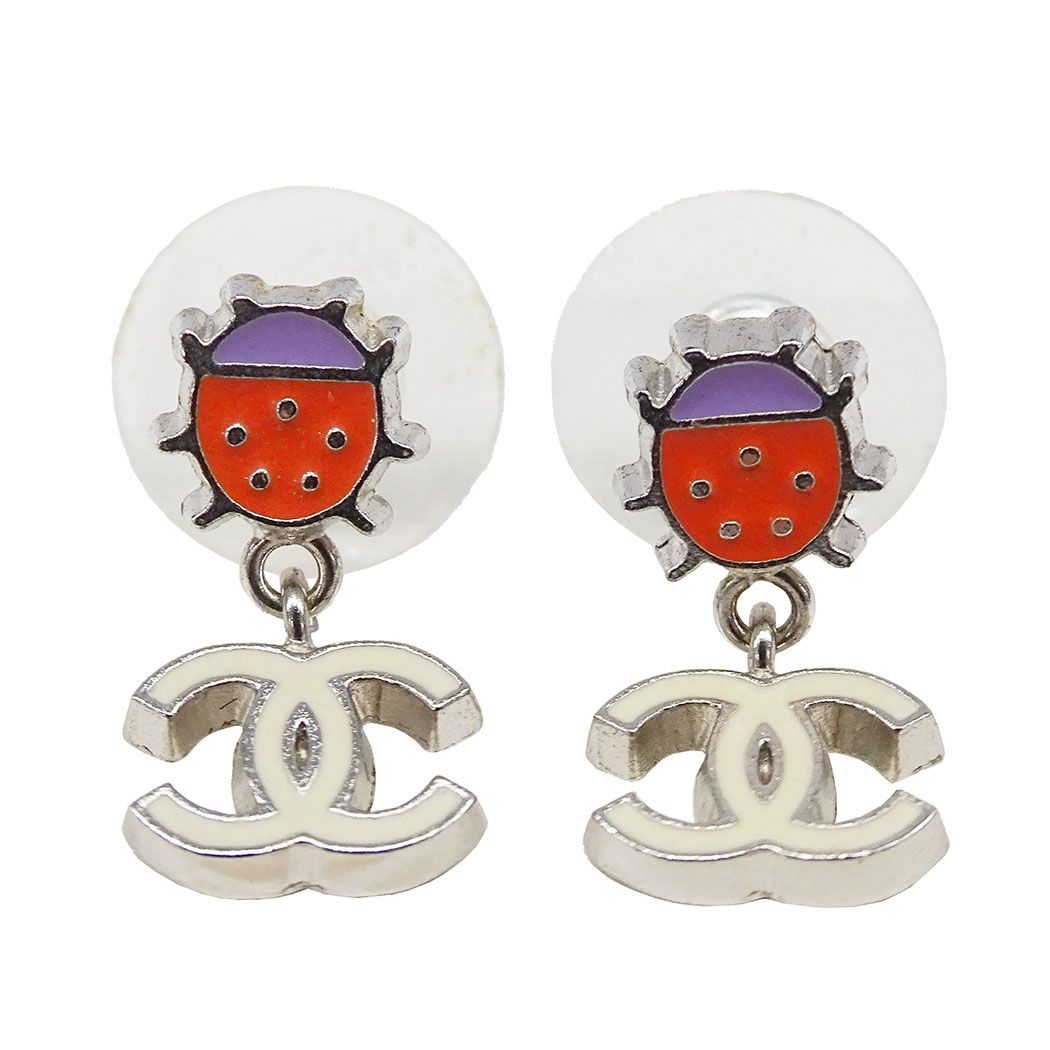Chanel Earrings Metal Silver Multicolor Ladybug Unique 04