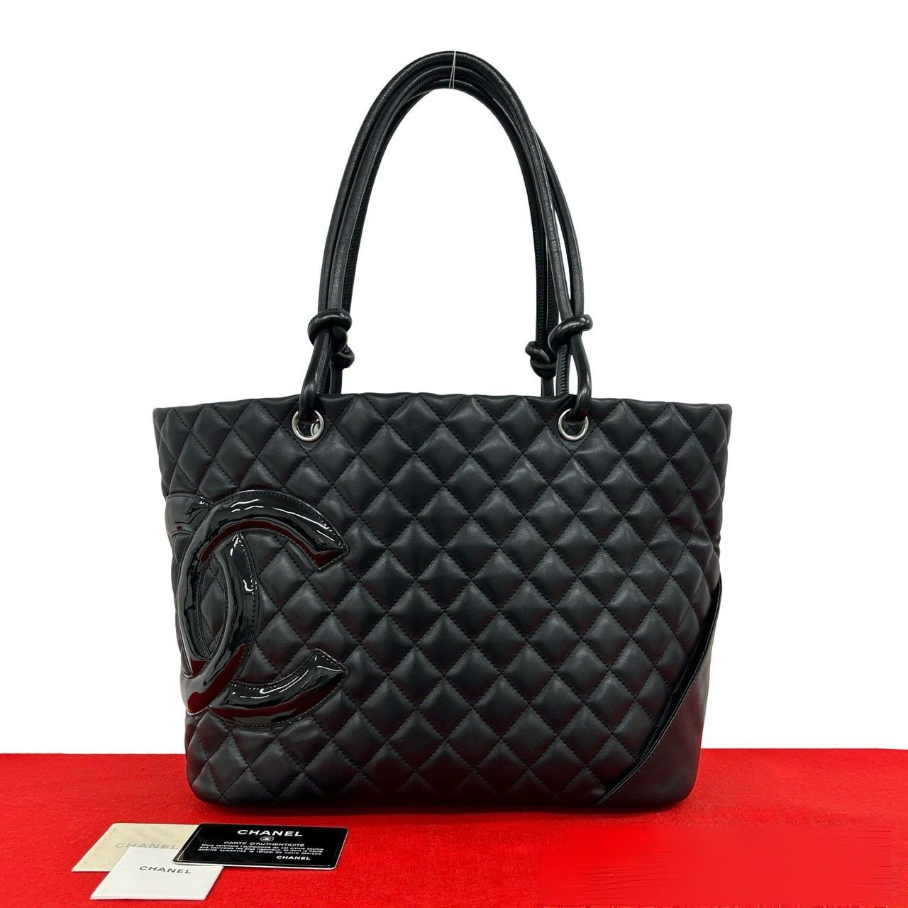 Chanel With Card Cambon Line CC Logo Leather Tote Black