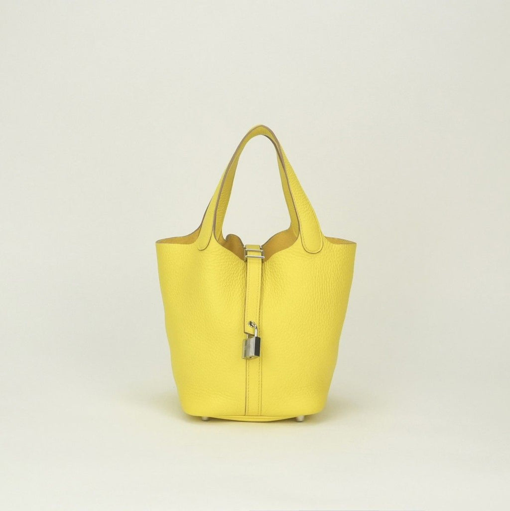 Hermes Picotin Lock PM Tote Taurillon Clemence Lime Yellow Silver Handbag