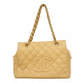 Chanel Chain Tote Quilted Caviar Leather Beige Gold