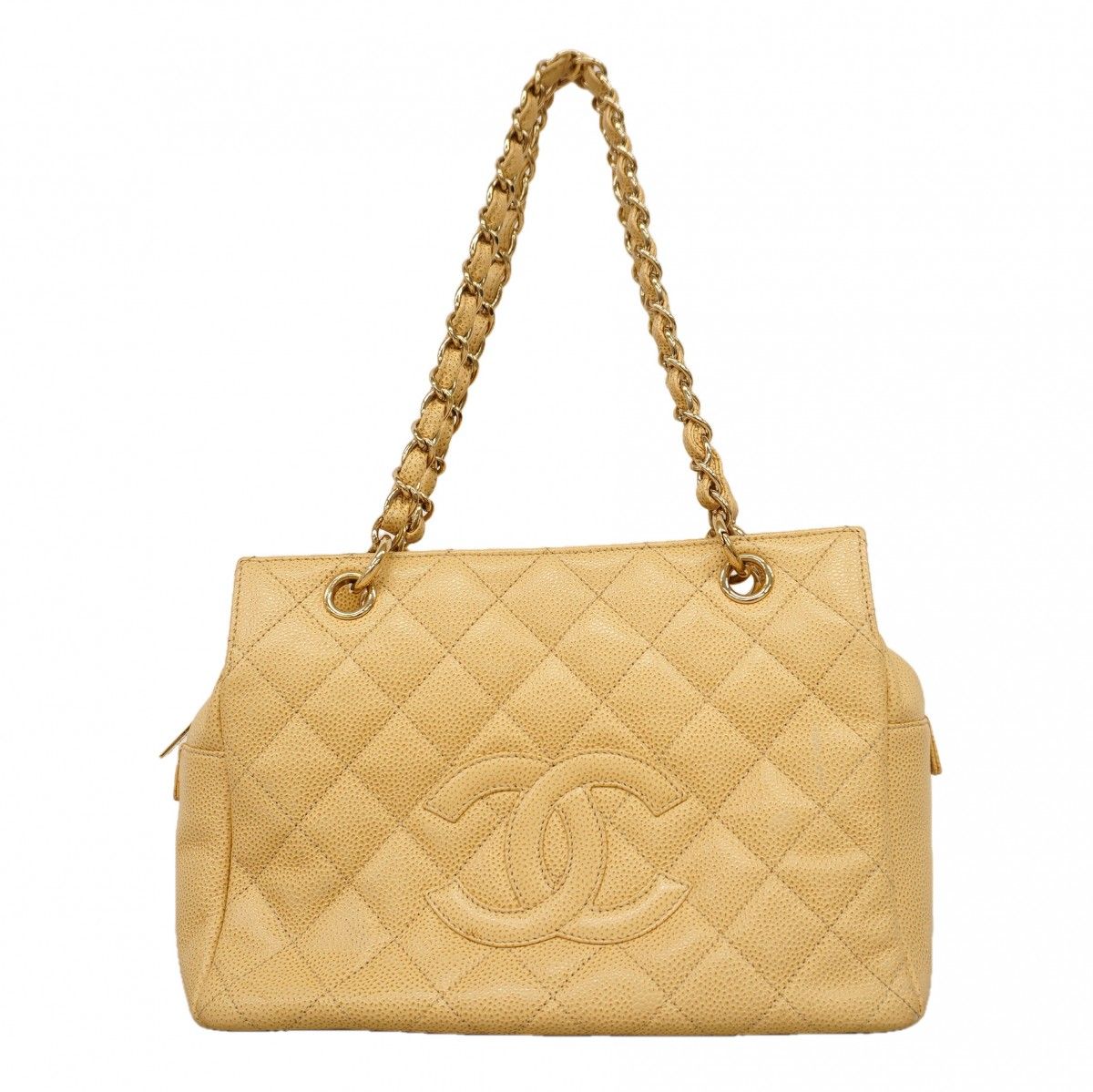 Chanel Chain Tote Quilted Caviar Leather Beige Gold
