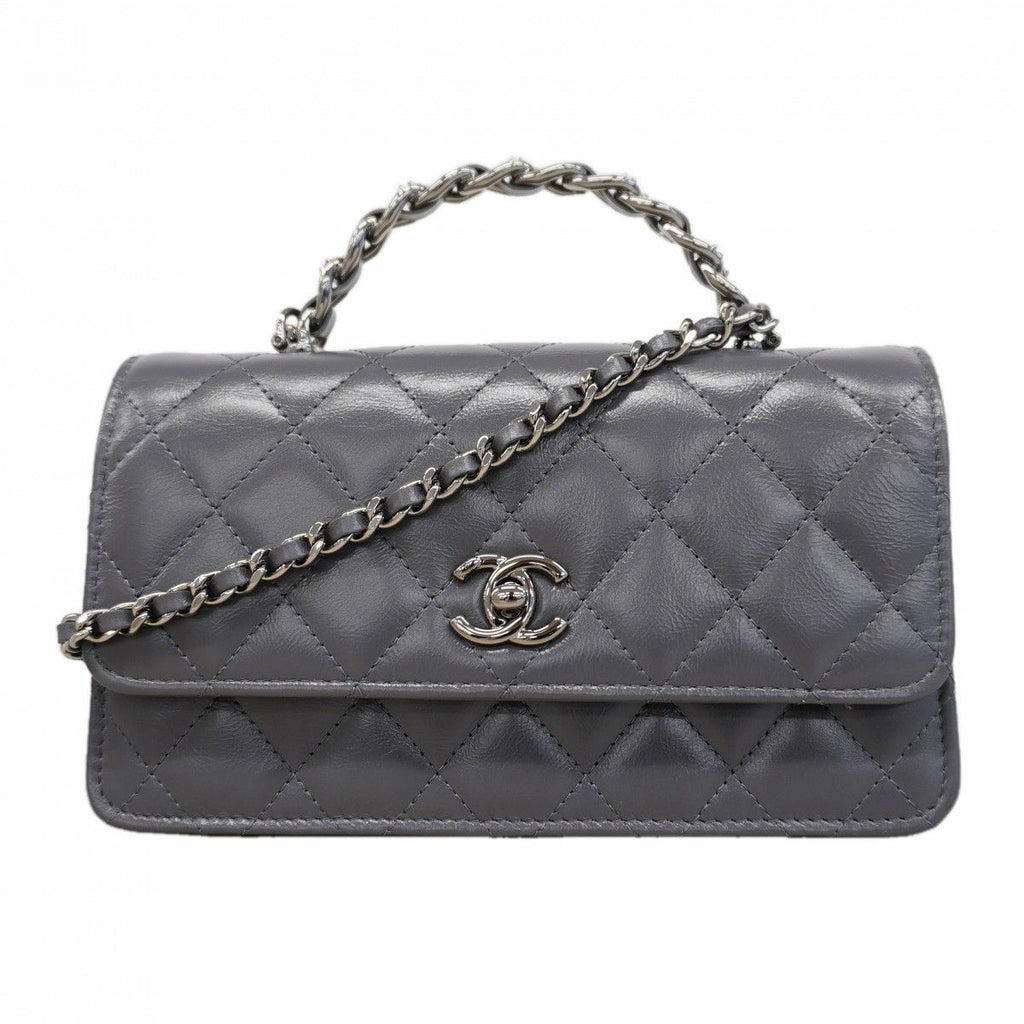 Chanel Handbag Quilted Lambskin Gray Silver 2-Way