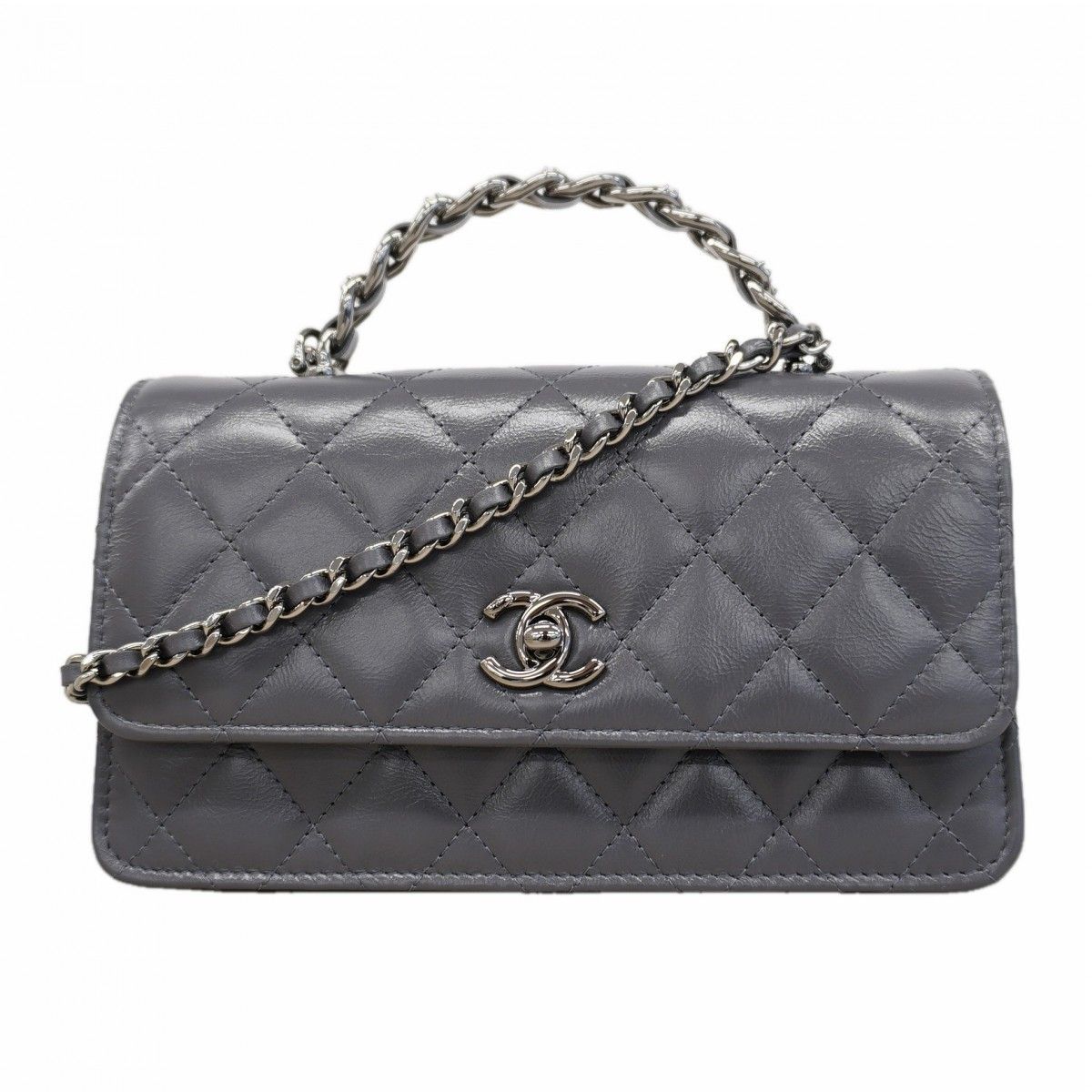 Chanel Handbag Quilted Lambskin Gray Silver 2-Way