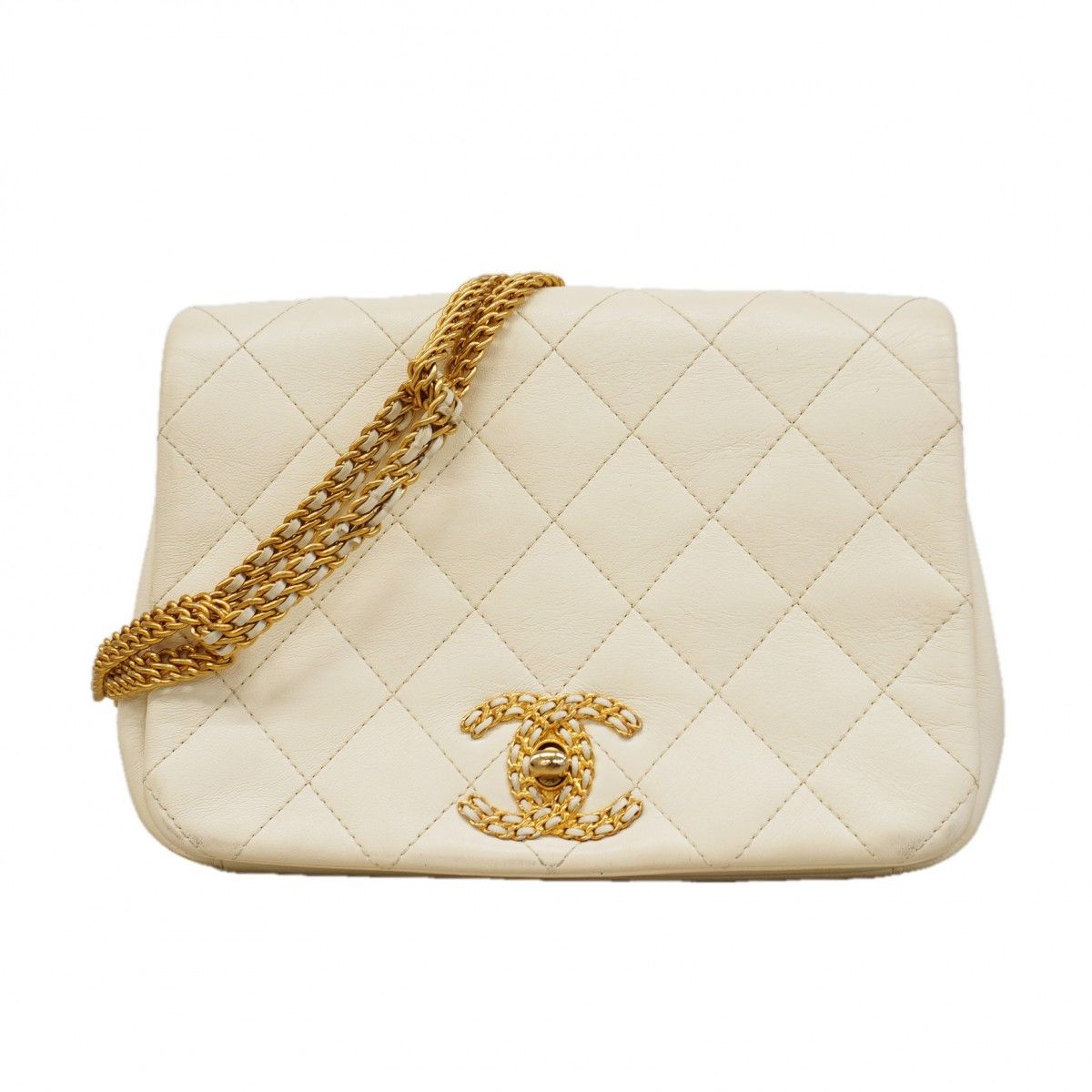 Chanel Shoulder Bag Quilted Leather White Gold