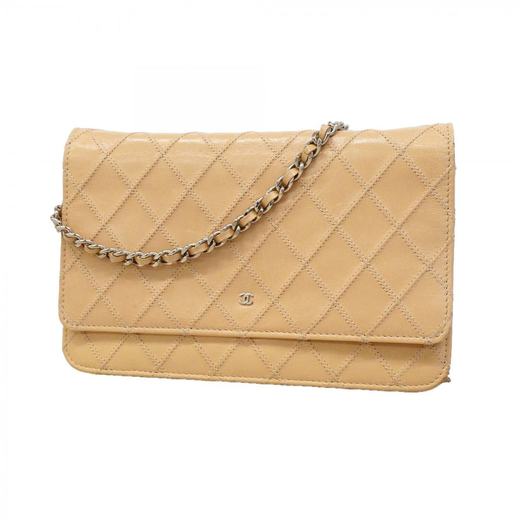 Chanel Shoulder Wallet Bicolor Leather Beige Silver