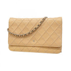 Chanel Shoulder Wallet Bicolor Leather Beige Silver