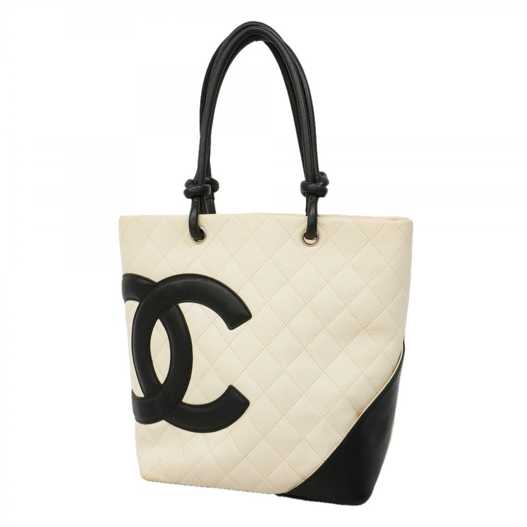 Chanel Tote Cambon Lambskin White Black Silver
