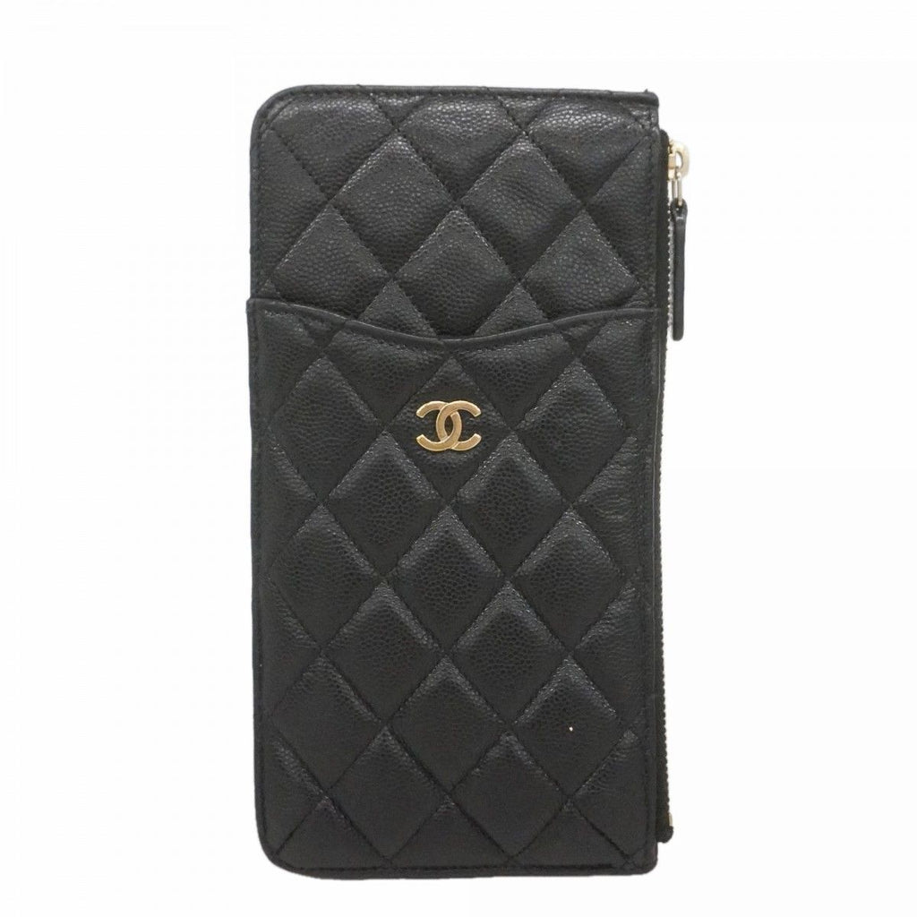 Chanel Wallet Quilted Caviar Leather Black Gold